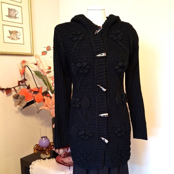 NWT Woman's Black Hooded Cardigan Coat Knit Lightweight Warm & Elegant Outerwear - Picture 8 of 12